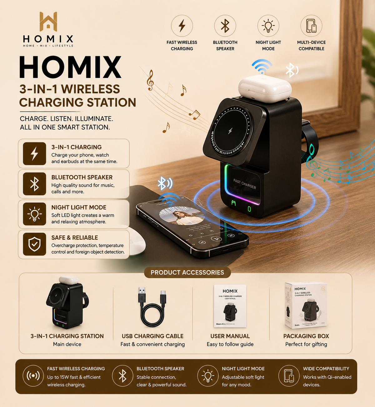 Bluetooth Speaker 3-in-1 Wireless Charger